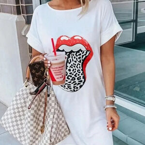 LIPS NEW WOMENS TEE TSHIRT DRESS BEACH TOP TOPS SUMMER CASUAL SHIRTS SIZE M L